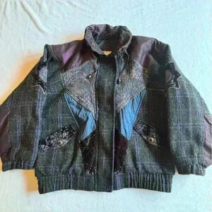 Women's Vtg KARIZMA Wool Mixed Fabric Patchwork Snow Ski Bomber Jacket Size L